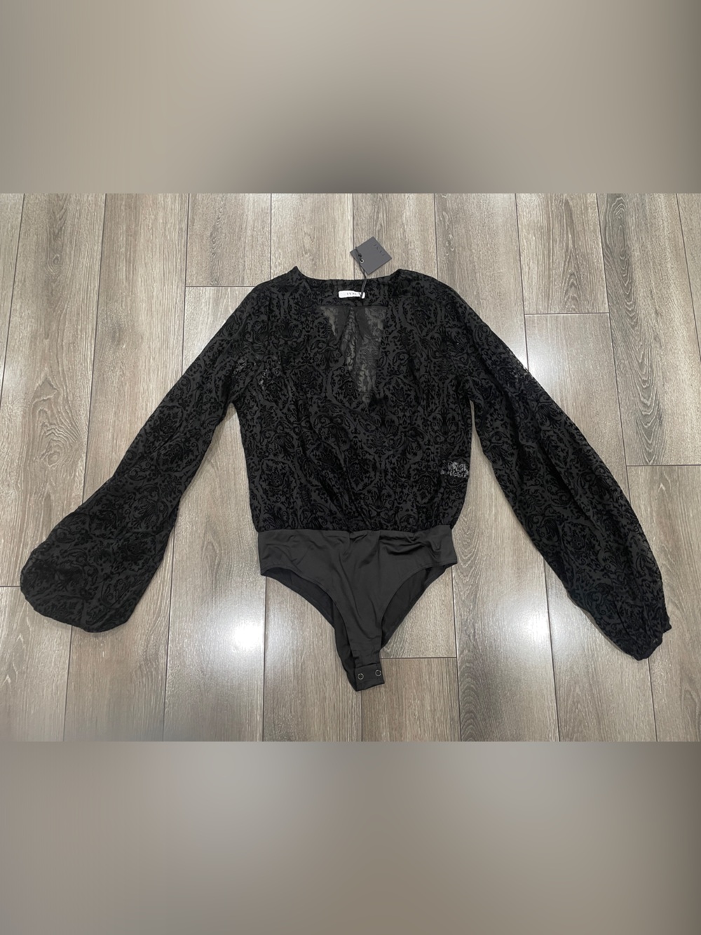 Boutique - Black Velvet Burnout Scoop-Neck Bodysuit top - sheer